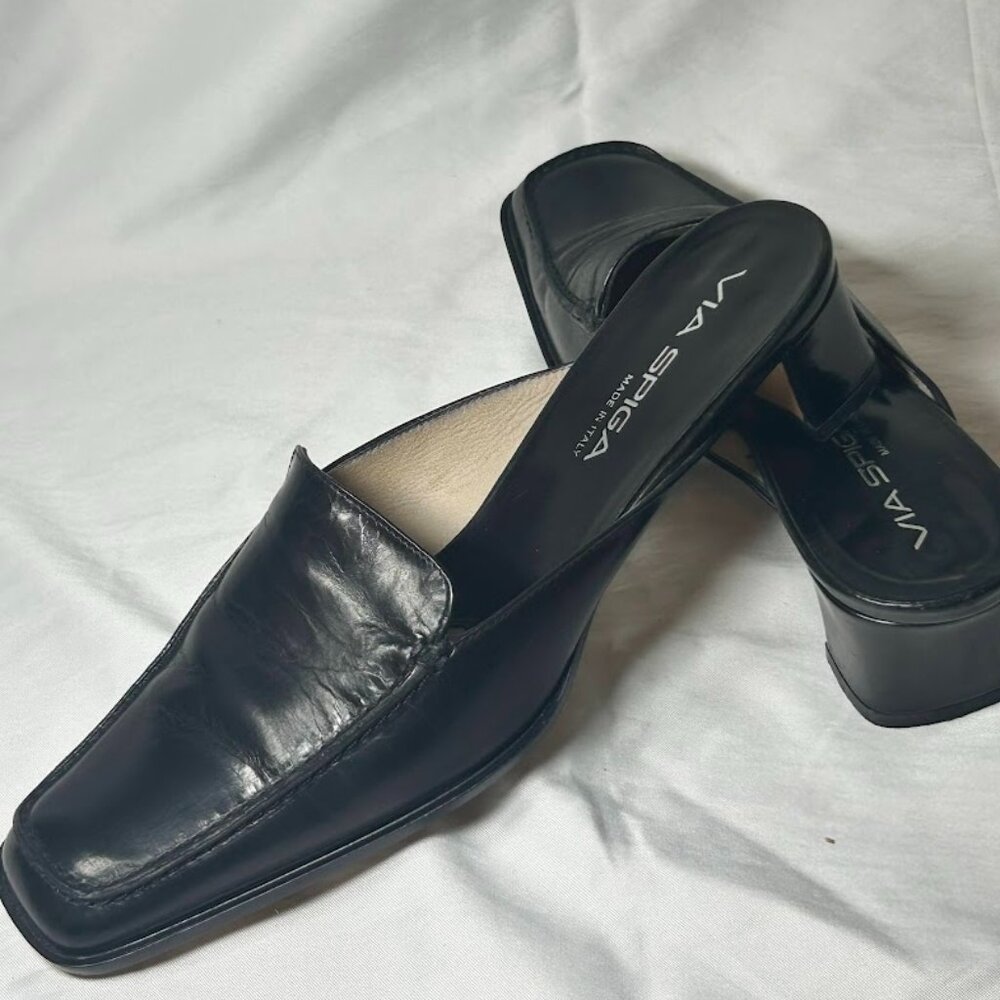 Via Spiga Black Leather Mule Heels Made in Italy Size 7 Slip On Sleek Minimalist - Picture 11 of 12